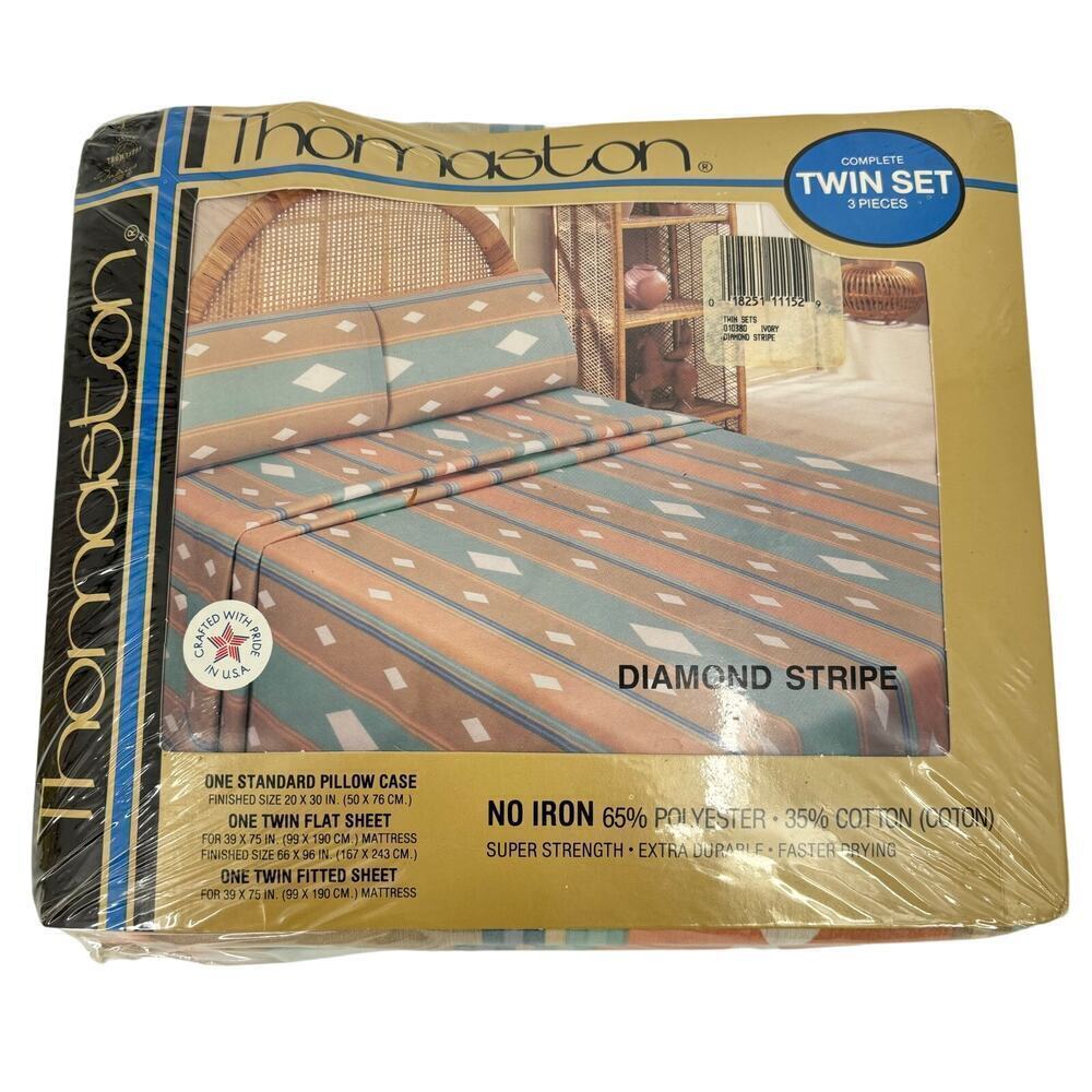 Vintage Thomaston Twin Size Sheet Set Ivory Diamond Stripe No‎ Iron 3 Piece NOS